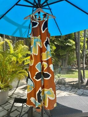 T.J.Maxx Brown Maxi Dress with Aqua, Yellow & Black Floral Printsatin